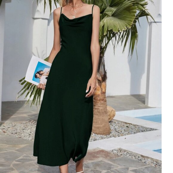 Dark Green Silky Cowl Neck Spaghetti Strap Open Back Midi Dress - Picture 3 of 11